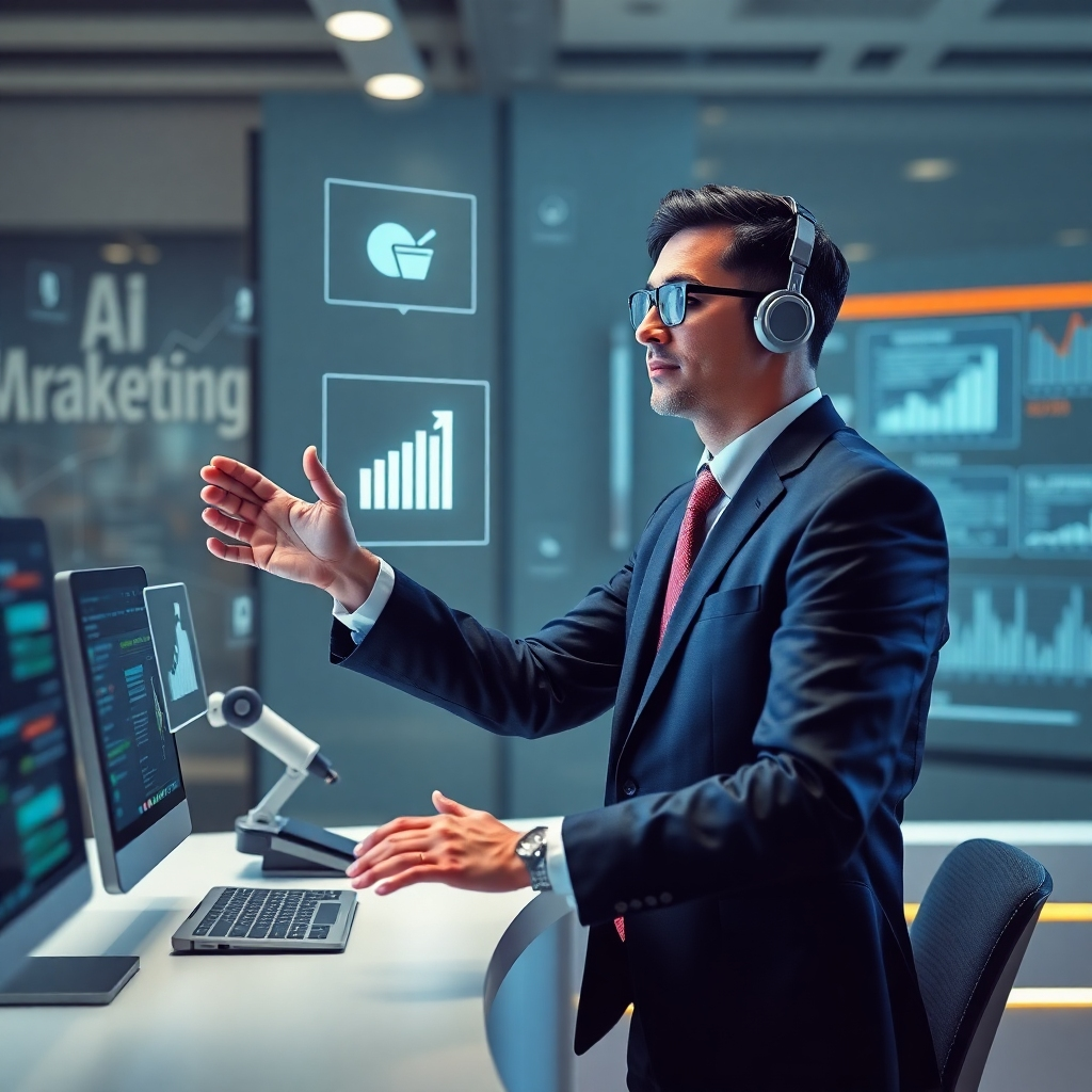  A stylized image of a business professional effortlessly overseeing various marketing processes, all running smoothly and automatically through AI-powered software. The visual should emphasize ease and efficiency, with a clean and professional aesthetic. Incorporate elements of automation, such as robotic arms or flowing data streams, subtly integrated into the scene.