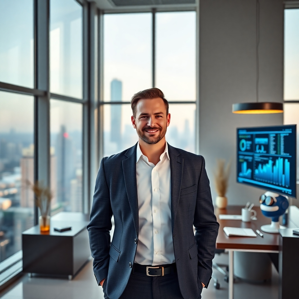 Create a photorealistic, ultra-high-quality header image (8K resolution, hyperrealistic style) for Digital Marketing Agency X100 By JP Logan.  The image should feature JP Logan, appearing confident and approachable, standing slightly off-center in a modern, minimalist office setting with large windows showcasing a vibrant cityscape. The lighting should be soft, natural light coming from the large windows, creating a bright and airy mood.  The color palette should be sophisticated and professional, utilizing cool blues and grays contrasted with warm accents of gold and copper in the office decor. JP should be wearing a sharp, modern suit. The camera angle should be slightly elevated, creating a dynamic yet professional perspective.  His expression should be positive and engaging.  The office should subtly display elements representing different aspects of the business: a large screen showing dynamic data visualizations (social media analytics, website traffic, etc.), a sleek AI-powered marketing dashboard on a desk, and a partially visible AI robot or holographic representation subtly hinting at AI integration.  Textures and materials should be highly detailed: smooth glass, cool metal, and soft textures of the suit fabric.  The background cityscape should be slightly blurred, maintaining focus on JP and the office foreground. The overall style should reference high-end corporate photography found in magazines like Forbes or Wired. The image should evoke a feeling of trust, innovation, and success., ultra high resolution, photorealistic, 8K, hyperdetailed, cinematic lighting