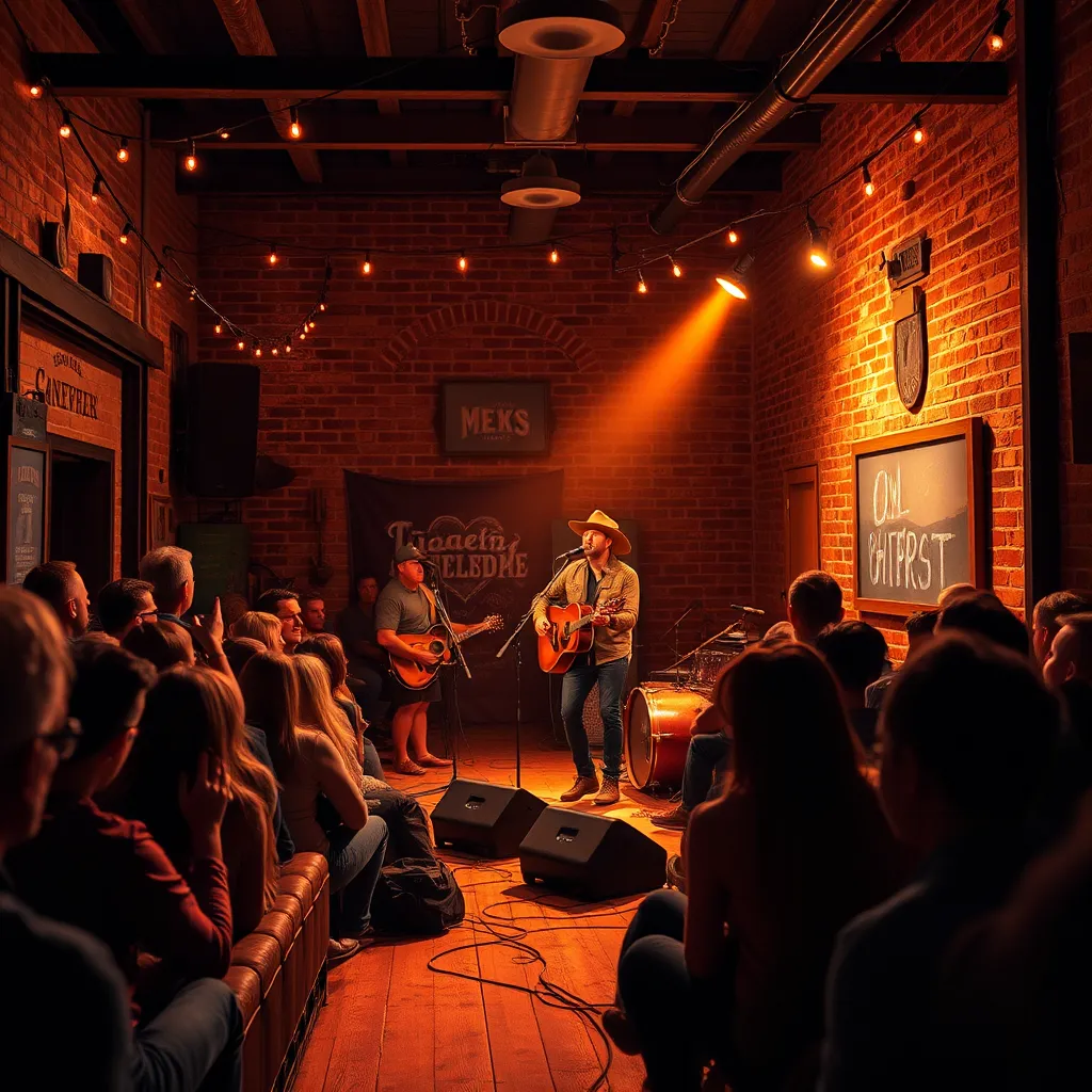 A captivating, ultra-detailed image, depicting a live music performance in a small, intimate venue. The stage is bathed in warm, spotlight-like illumination, showcasing a talented country singer-songwriter performing with a band. The singer is passionate and energetic, interacting with the crowd, who are enthralled by the music. The venue is rustic and authentic, with exposed brick walls, worn wooden floors, and string lights creating a cozy ambiance.  The audience is a mix of people from all walks of life, showcasing the universal appeal of country music. The image captures the raw energy and passion of live music, highlighting the unique talent and artistry of local artists. Style inspiration: gritty, photojournalistic style capturing raw emotion and authenticity.