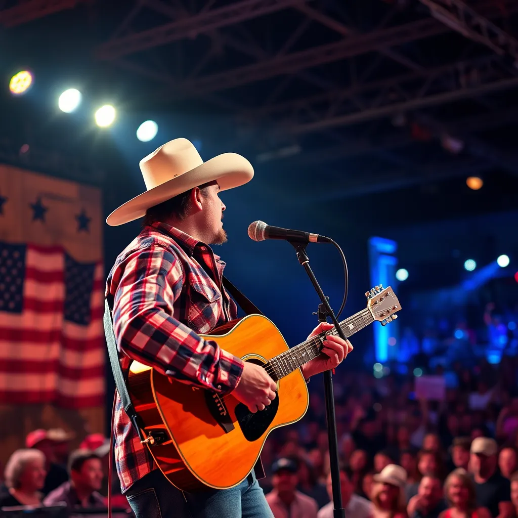A close-up shot of a country music singer performing on a stage, illuminated by spotlights. The singer is wearing a traditional cowboy hat and holding a guitar. The stage is decorated with rustic elements such as wooden planks and a faded American flag. The background is a blurred image of a packed audience, with vibrant lights and excited faces.