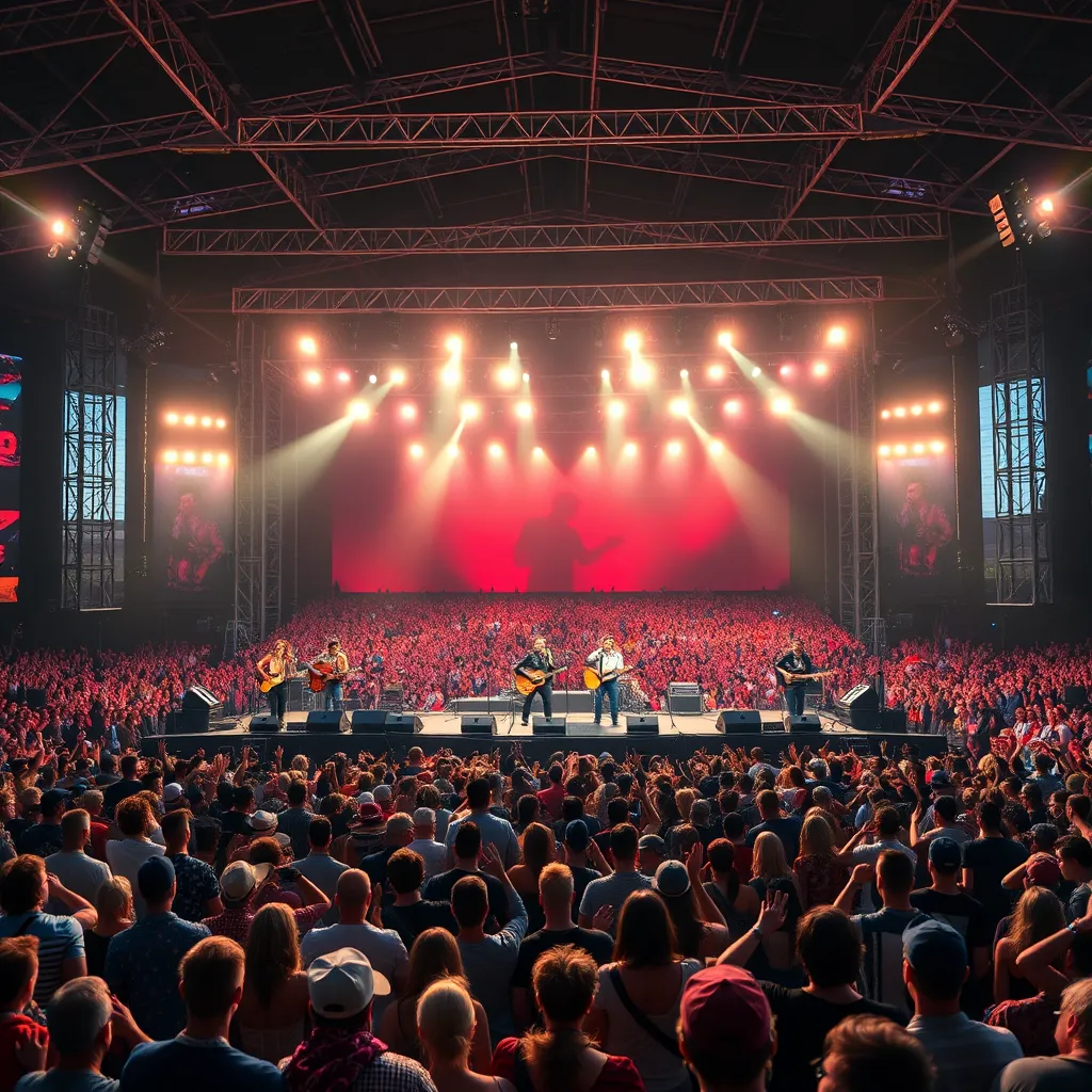 A large, outdoor concert venue with a massive stage filled with lights and a large crowd cheering. The band performing is a mix of contemporary country stars, with a diverse group of people in the audience, representing the growing popularity of the genre.
