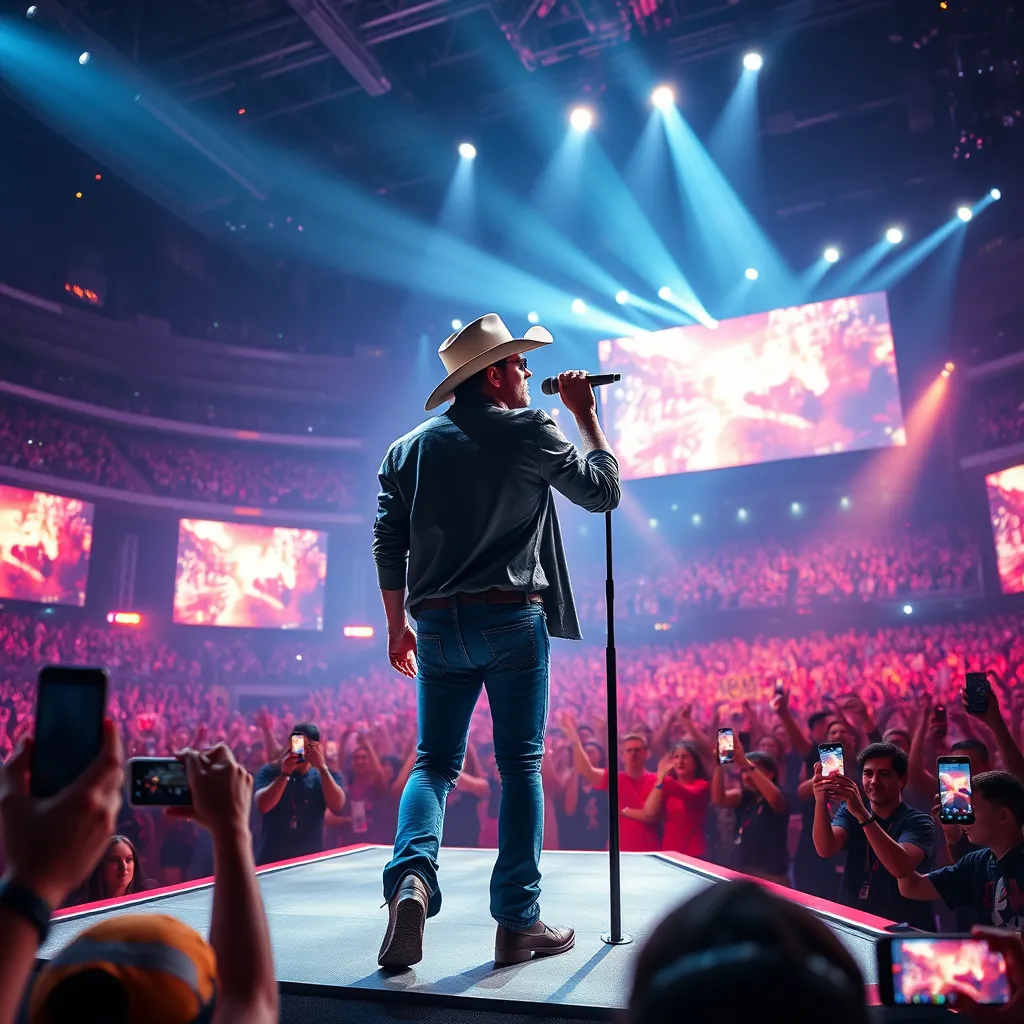 A modern country music singer performing on a brightly lit stage in a large concert venue. The singer is dressed in fashionable, contemporary clothing and uses a wireless microphone. The stage is adorned with futuristic lighting effects and large screens displaying dynamic visuals. The background features a sea of cheering fans holding up their phones and capturing the performance.