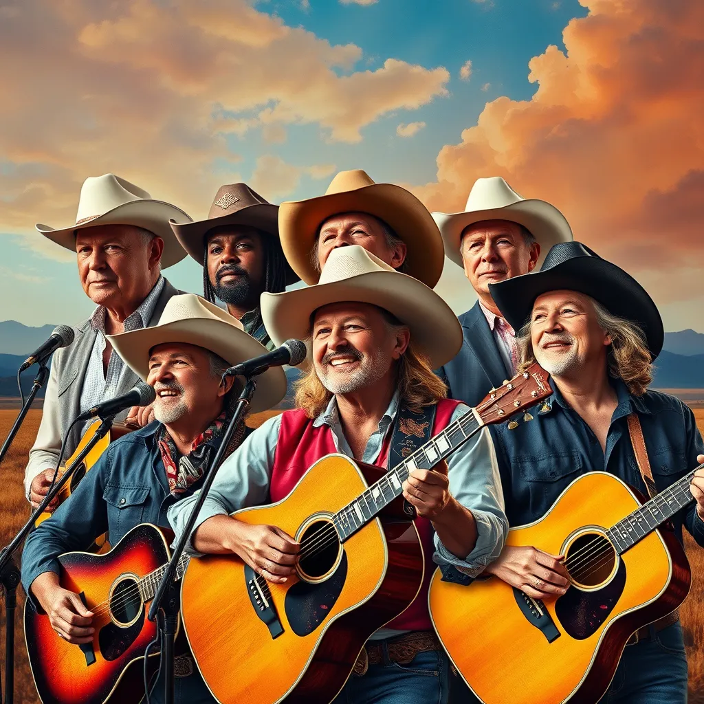 A photorealistic collage of diverse country music artists from different eras and backgrounds, showcasing their unique styles and instruments. The background should be a vibrant, abstract representation of the American landscape.