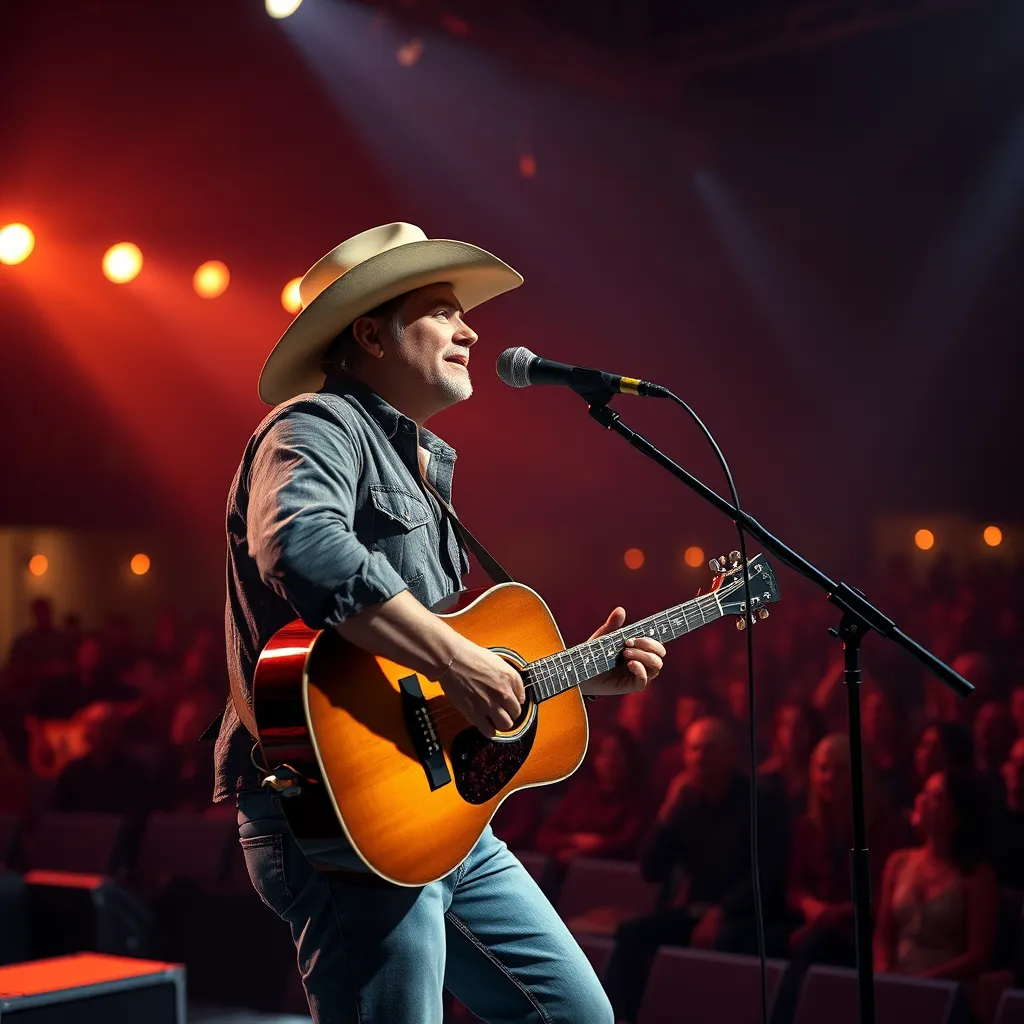 A photorealistic image of a country music artist performing live on stage, bathed in warm stage lights. The artist should be engaged in a passionate performance, telling a story through their music. The audience should be visible in the background, captivated by the performance.
