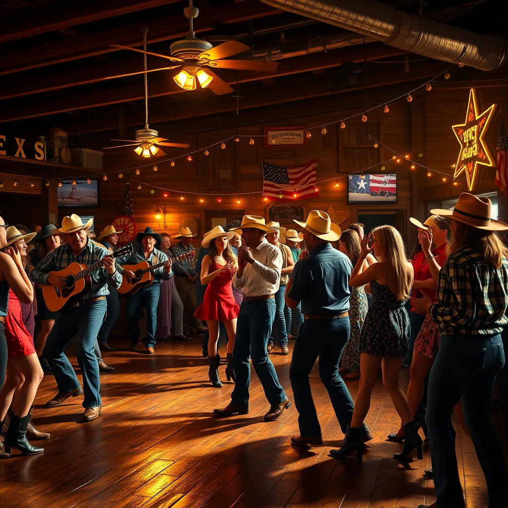 A photorealistic image of a lively honky-tonk dance hall in Texas. The scene should be filled with cowboys and cowgirls dancing to lively music played by a band with a fiddle, guitar, and drums. There should be a rustic wooden dance floor, dim lighting, and a sense of joyful energy.