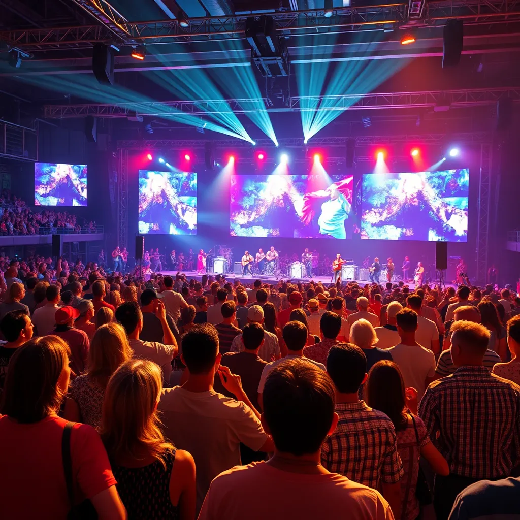 A photorealistic image of a modern country music concert, featuring a diverse crowd of people from all walks of life, enjoying the music and dancing. The stage should be filled with vibrant lights and projected visuals, showcasing the modern and international appeal of country music.