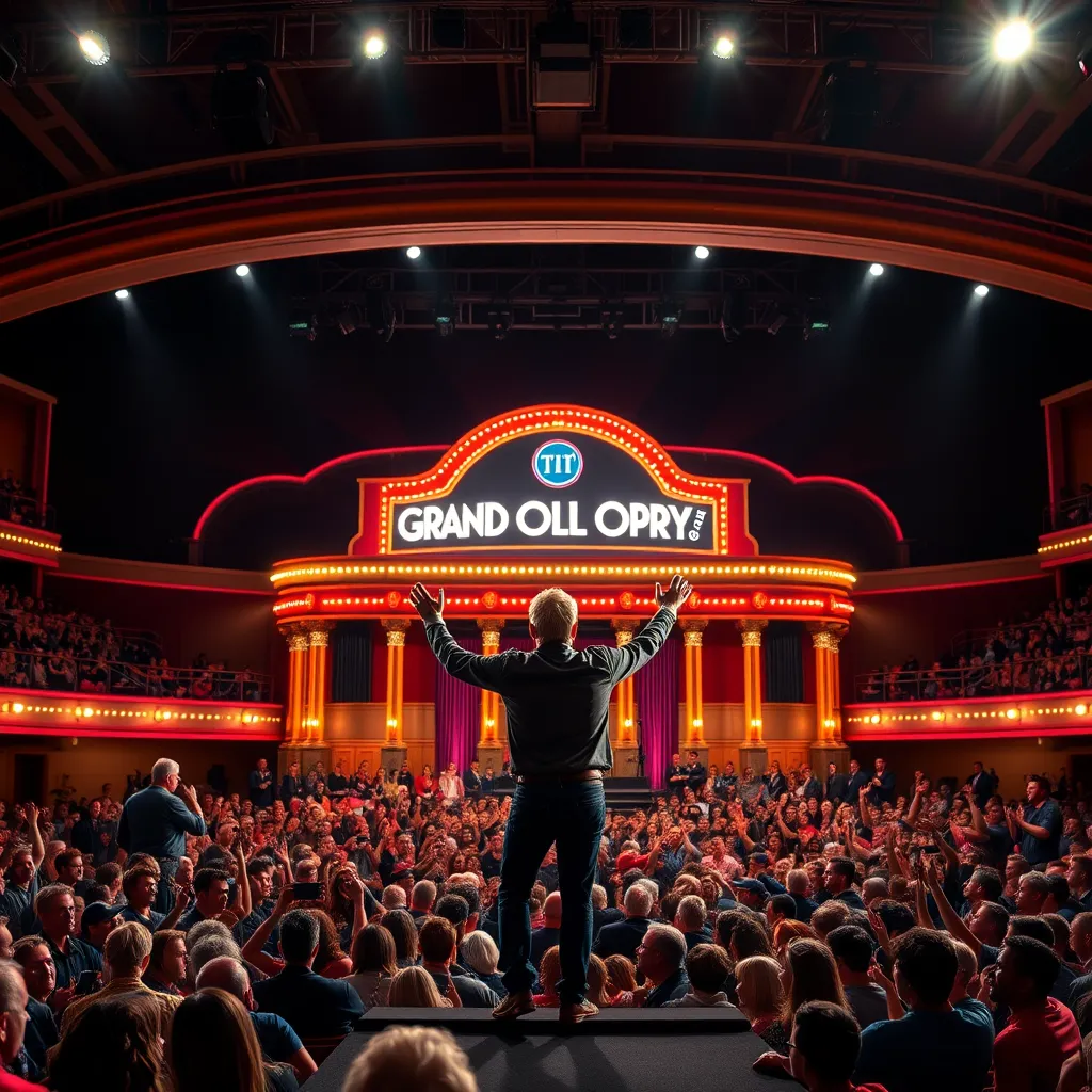 A photorealistic image of the Grand Ole Opry stage in Nashville, with a country music star performing in front of a cheering audience. The stage should be illuminated with spotlights, and the background should feature the iconic Grand Ole Opry house with its neon sign.