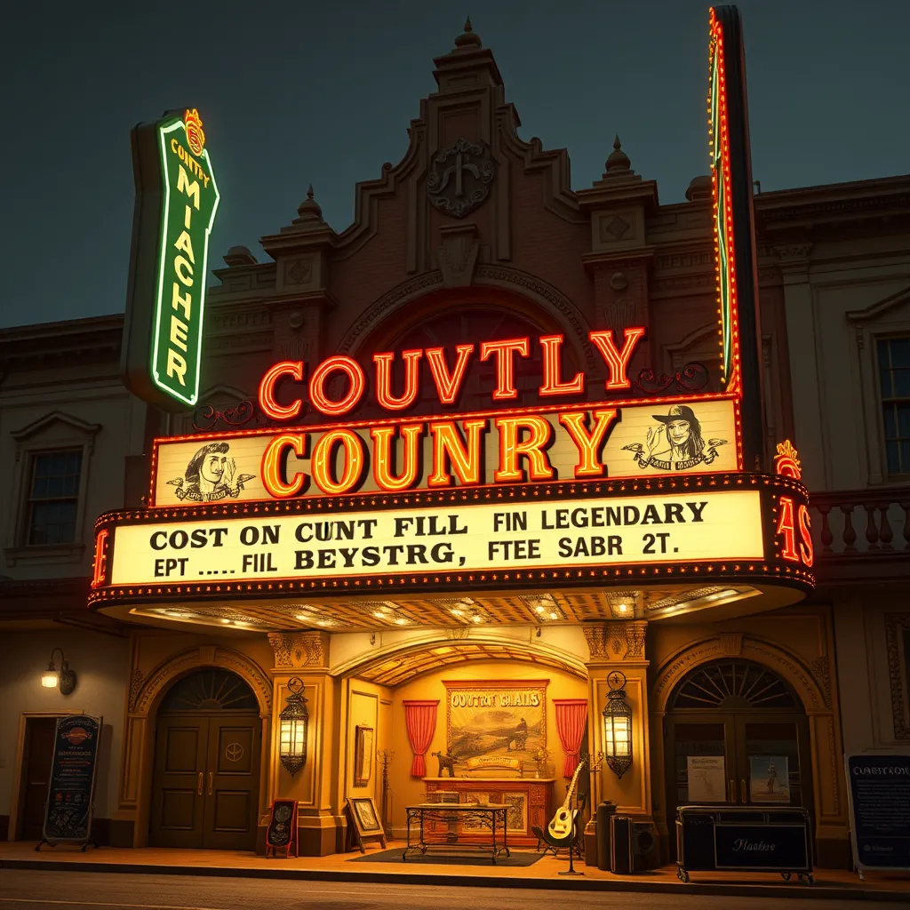 A timeless, photorealistic image, portraying a grand, historical country music venue. The exterior of the venue is adorned with classic neon signs, evoking a bygone era. The building itself is a majestic example of architectural grandeur, with intricate details, ornate doorways, and a grand marquee showcasing legendary country stars. The scene is bathed in soft, diffused lighting, creating a warm and inviting atmosphere. The image is filled with details, showcasing the venue's interior, including a stage, instruments, and vintage memorabilia, paying homage to country music's heritage. The overall mood is nostalgic and reverent, capturing the rich history and enduring legacy of country music. Style inspiration: vintage travel posters and photographs showcasing iconic American landmarks.