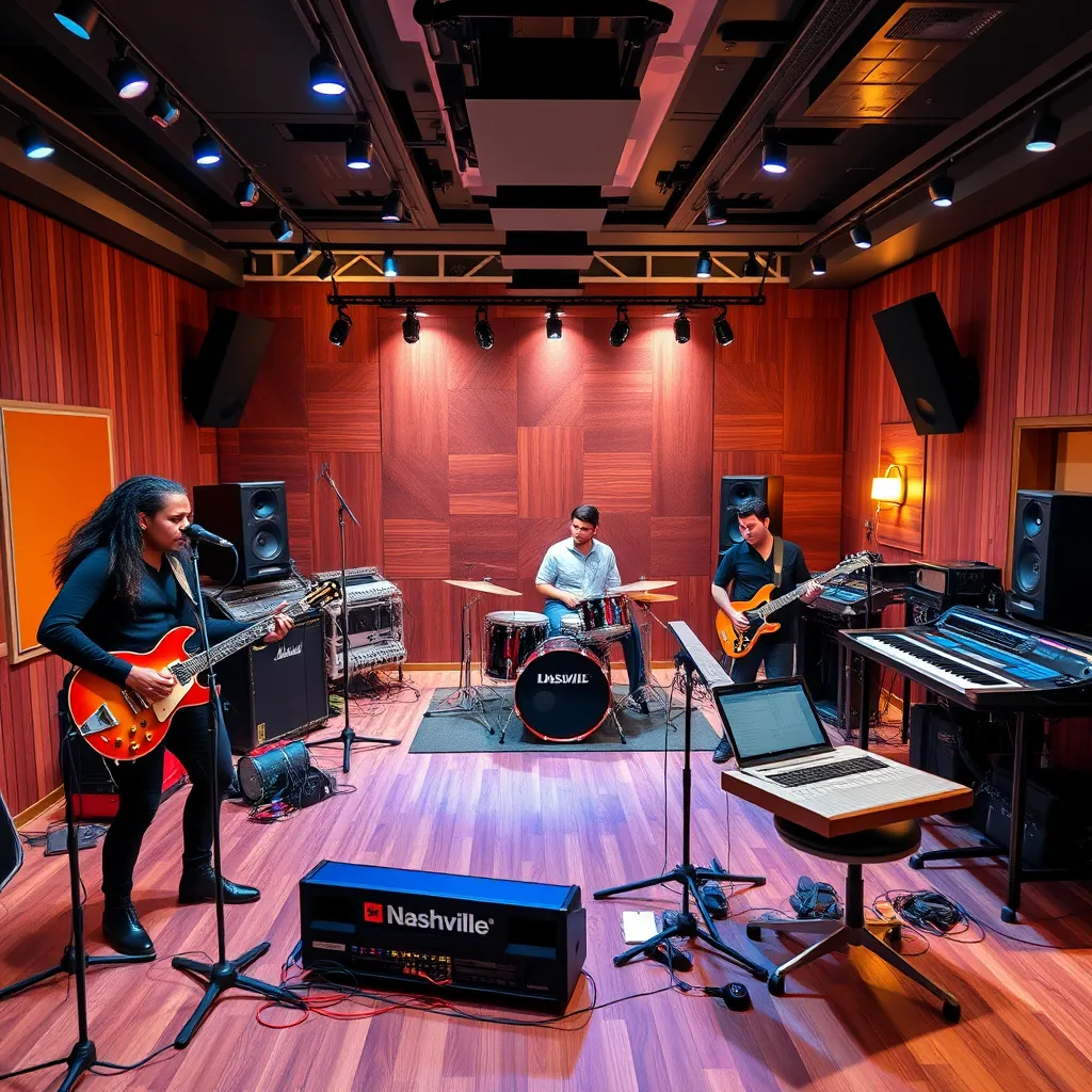 A vibrant, modern Nashville recording studio with a group of musicians recording a track. The studio is full of high-tech equipment, but with a warm, inviting atmosphere. The musicians are dressed in stylish, modern attire, playing instruments like guitars, drums, and keyboards.