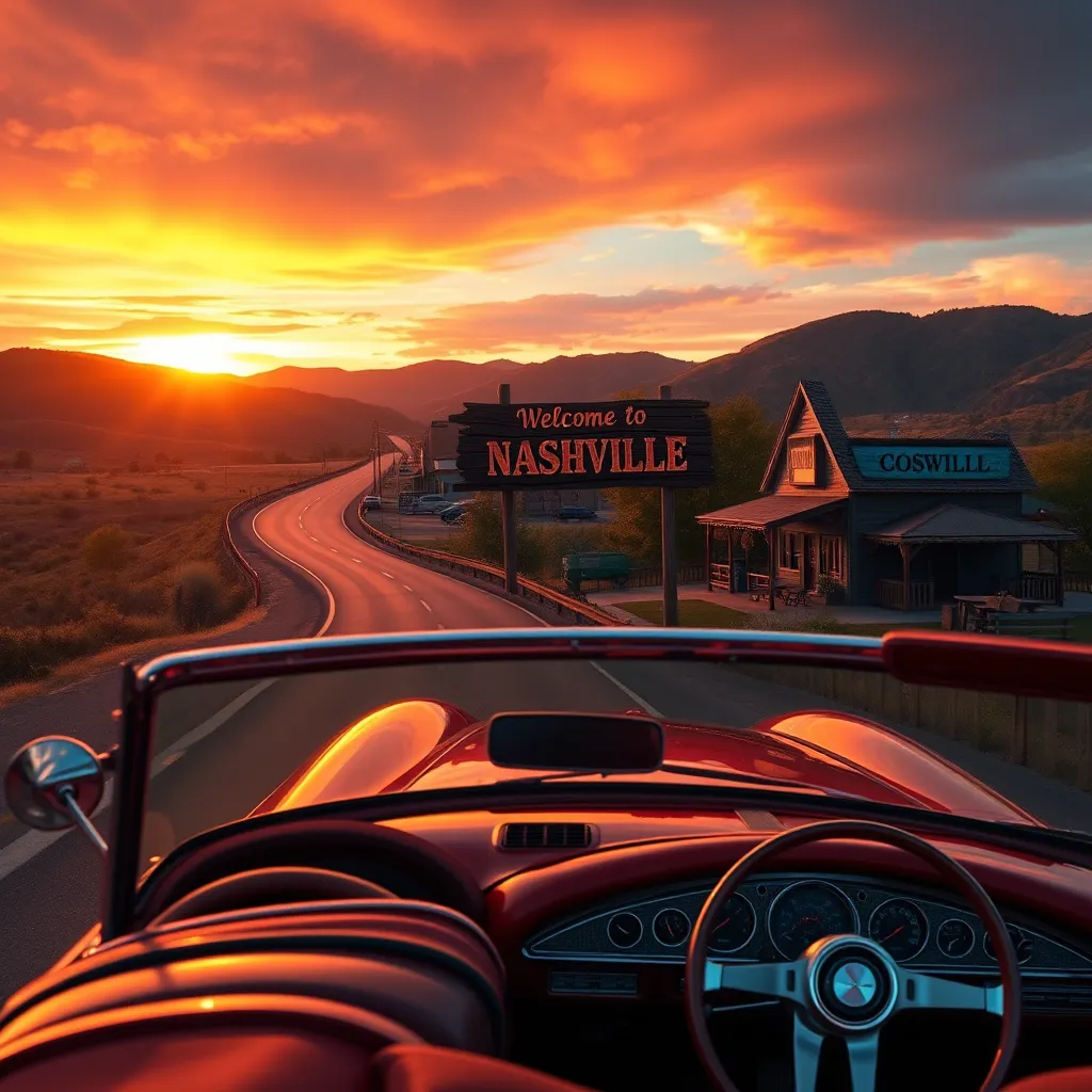 A vibrant, photorealistic image in 8K resolution, capturing the essence of a country music road trip. A classic, red convertible drives along a winding, scenic highway, passing through a small town with a rustic wooden sign reading "Welcome to Nashville." The setting sun casts warm, golden light on the scene, illuminating the car's chrome details and the rolling hills in the distance. The sky is a mix of vibrant orange, pink, and purple hues, creating a sense of adventure and nostalgia.  The image is filled with details, showcasing the car's interior, the town's charming storefronts, and the lush greenery along the roadside. The overall mood is optimistic and exciting, hinting at the vastness of the country music journey ahead. Style inspiration: Ansel Adams, with a touch of Americana road trip photography.