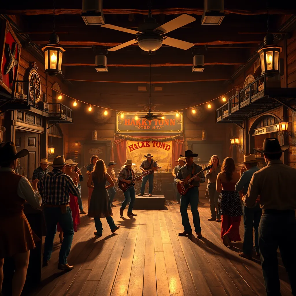A vintage, dimly lit honky tonk bar with a band playing on stage, cowboys and cowgirls dancing on the wooden floor. The scene is filled with a warm, nostalgic atmosphere. The stage is adorned with rustic decorations like lanterns and saloon doors.