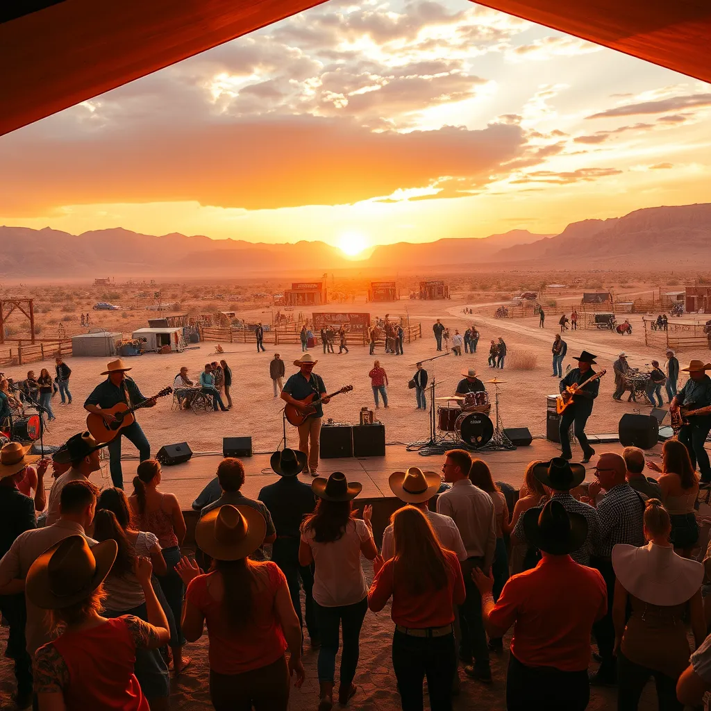 A wide-angle shot of a country music band playing on a stage in an open-air venue. The band consists of a lead vocalist, guitarists, a bass player, and a drummer. They are performing in front of a large crowd gathered in a dusty Western town, with cowboys and cowgirls dancing in the foreground. The background features a picturesque desert landscape with rolling hills and a setting sun.