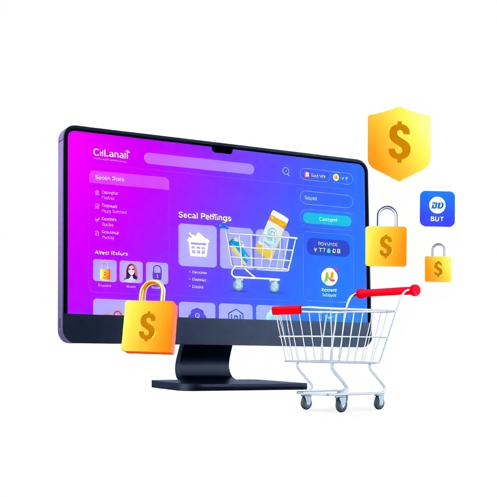 Create an image representing e-commerce solutions. The image could feature a vibrant online store interface with product listings, shopping cart, and secure payment options. Style: Modern and trustworthy. Technical specs: 4K resolution, high quality.