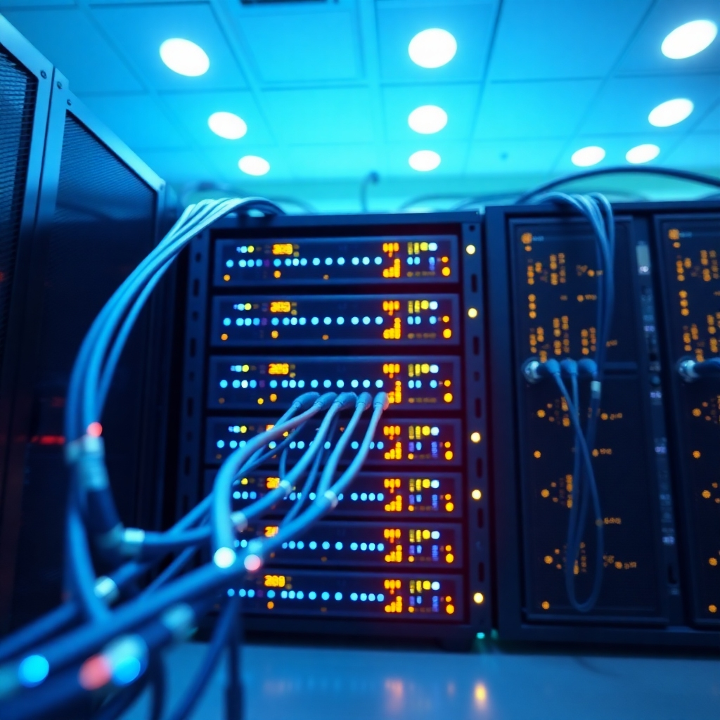 Create an image representing website hosting services. The image could feature a server rack with glowing lights and data flowing through cables, symbolizing a secure and reliable hosting environment. Style: Tech and professional. Technical specs: 4K resolution, high quality.