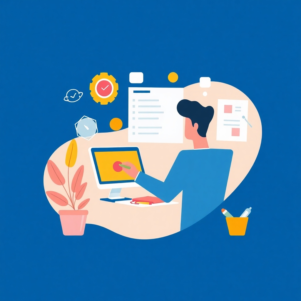 Create an image symbolizing 'no-code' website building. The image could feature a person creatively designing a website with visual tools, without any visible code. Use abstract shapes and vibrant colors to represent creativity and ease of use. Technical specs: 4K resolution, high quality, stylized illustration.