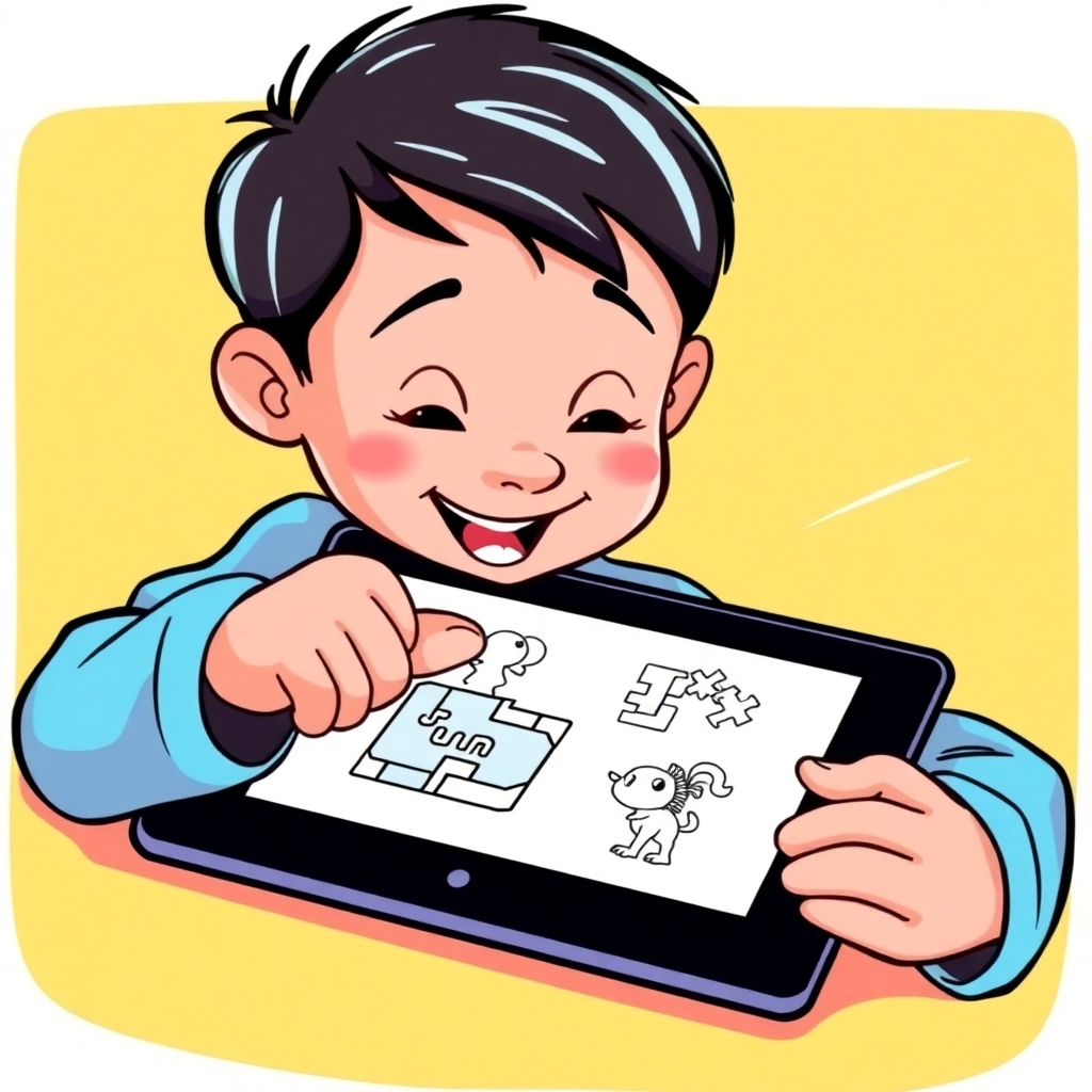 A dynamic illustration showing a child actively engaged with an ebook on a tablet. The child is using their finger to interact with the screen, and the ebook is displaying a puzzle, a coloring activity, or a matching game. The scene is bright and colorful, with a focus on the child's excitement and engagement. The style is modern and playful, with clean lines and bold colors. Use a slightly elevated camera angle to capture the child's face and the ebook screen clearly.