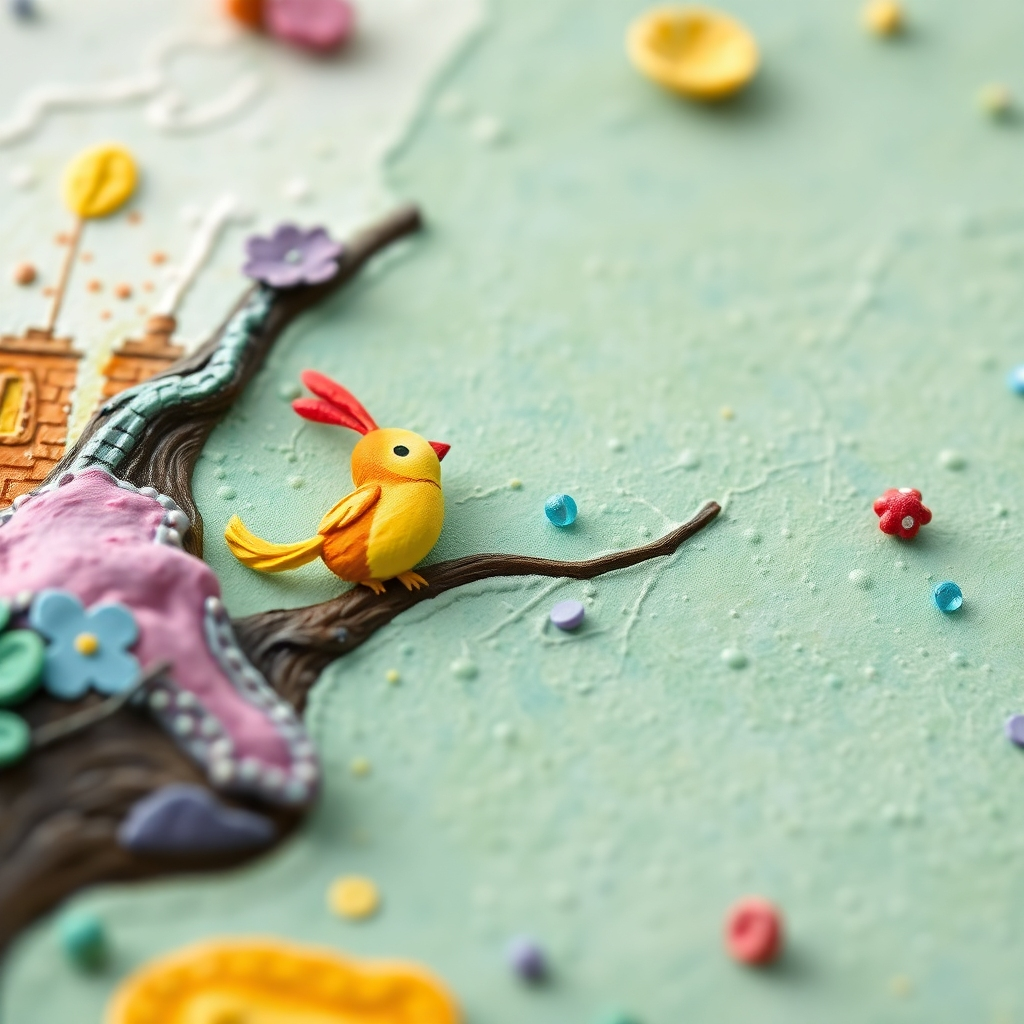 Create a 4K resolution image representing Jasper Tales' commitment to whimsical storytelling. The image should feature a close-up shot of a hand-painted illustration from one of Jasper Tales' books. The style should be whimsical and expressive, reminiscent of classic children's book illustrations. Bright, bold colors and playful details are crucial. The lighting should be soft and diffused, enhancing the textures and details of the painting. Focus on showcasing the intricate details, including textured brushstrokes and rich color blends. Include elements that symbolize creativity, imagination, and wonder. The overall style should be vibrant, child-friendly, and full of charm.