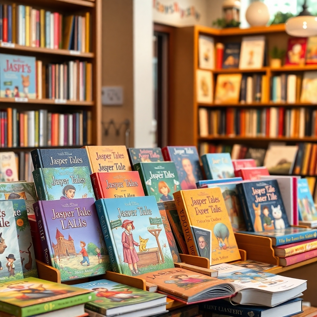 Create a photorealistic image of a beautifully arranged display of Jasper Tales books in a bookstore. The image should showcase the variety of books and their colorful covers, emphasizing their visual appeal.  The setting should be warm and inviting, conveying a sense of wonder and imagination. The image must capture the feeling of exploring a bookstore, finding that special book