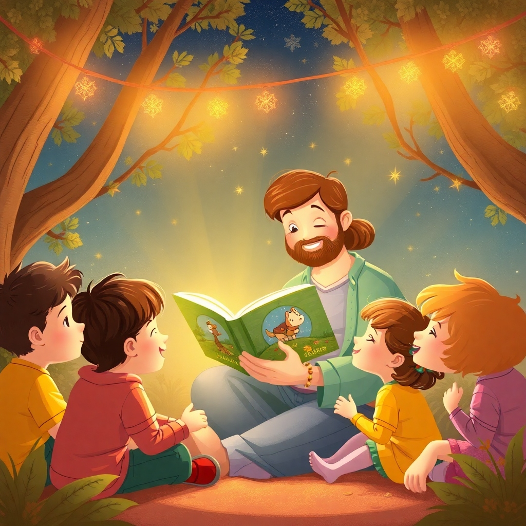 Create an image depicting a heartwarming scene of a storyteller reading a Jasper Tales book to a group of children. The scene should be filled with warmth, joy, and wonder. The image should illustrate the connection between storytelling, reading and the positive emotional effect of the experience