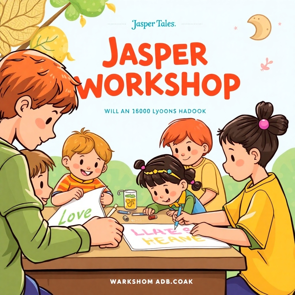 Create an image showcasing a lively children's workshop centered around Jasper Tales books. The image should capture the energy and creativity of the children participating in a hands-on activity, such as illustration or crafting.  The style should be vibrant and child-friendly, highlighting the fun and learning aspects of the workshop