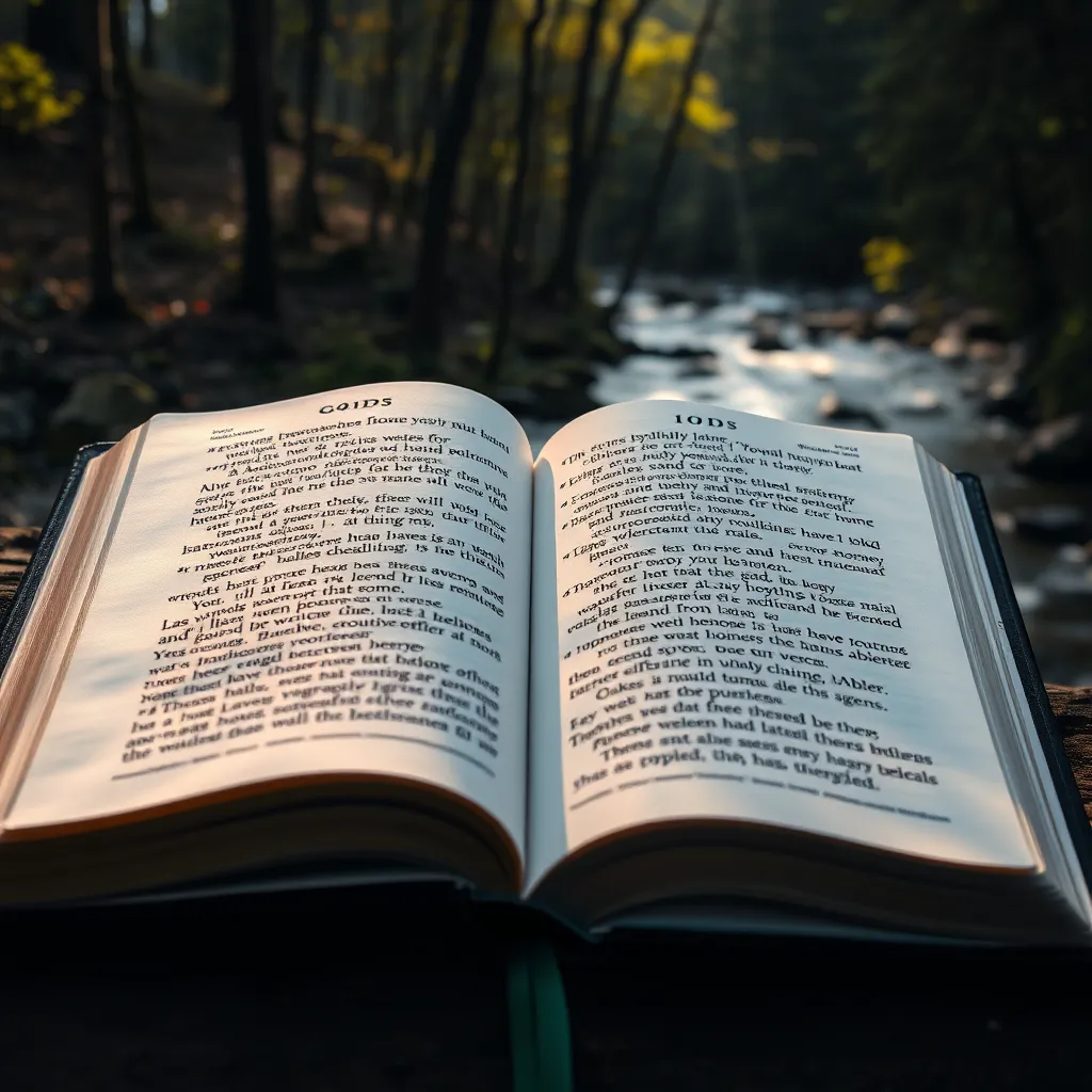 A close-up image of an open Bible with a highlighted verse about God's promises, set against a backdrop of a gentle, sun-dappled forest with a flowing river