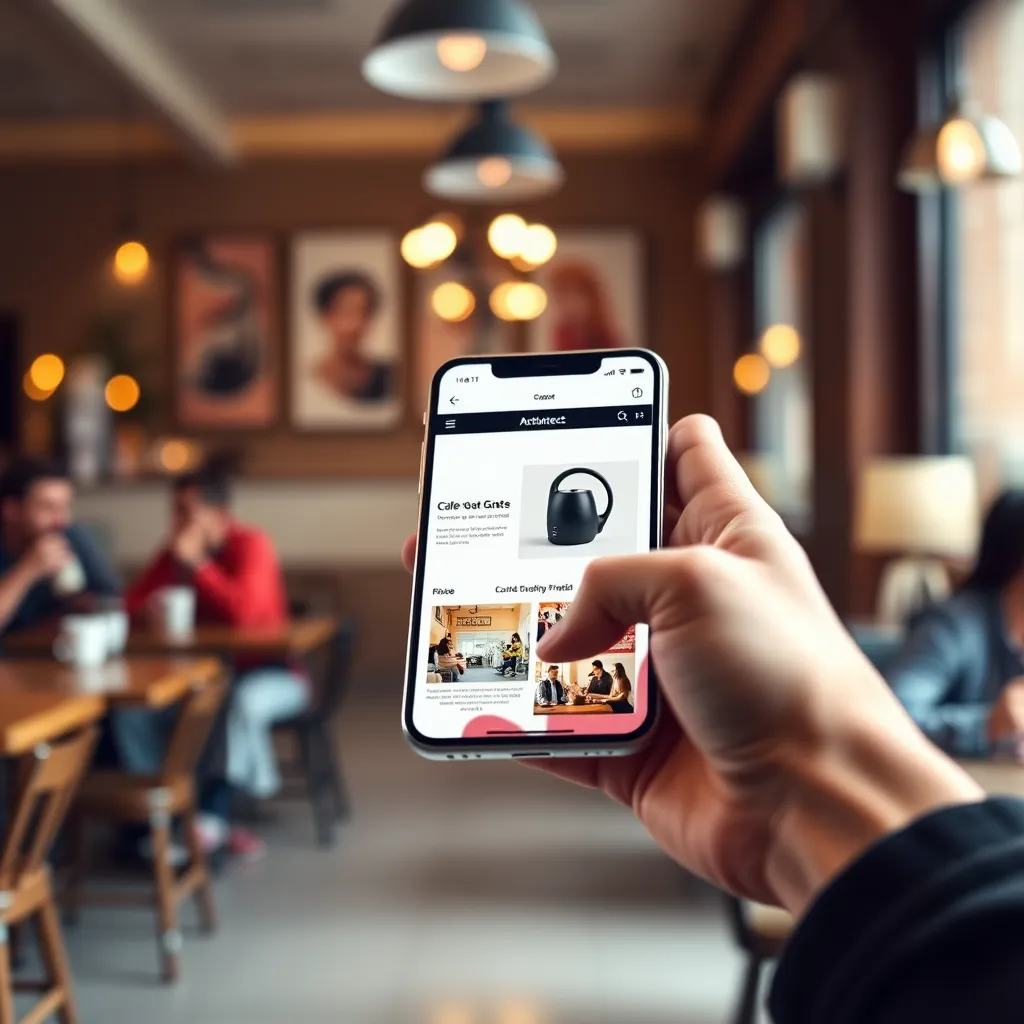 A close-up shot of a hand holding a smartphone, displaying a website with a clean and modern design. The background is blurred, showcasing a cafe with people enjoying coffee and conversation. The website content is focused on a product, with high-quality product images and clear calls to action. The image should convey a sense of ease of use and user-friendliness, with vibrant colors and soft lighting. Render in 8K resolution with hyperrealistic detail and a cinematic style inspired by photographers like Annie Leibovitz.