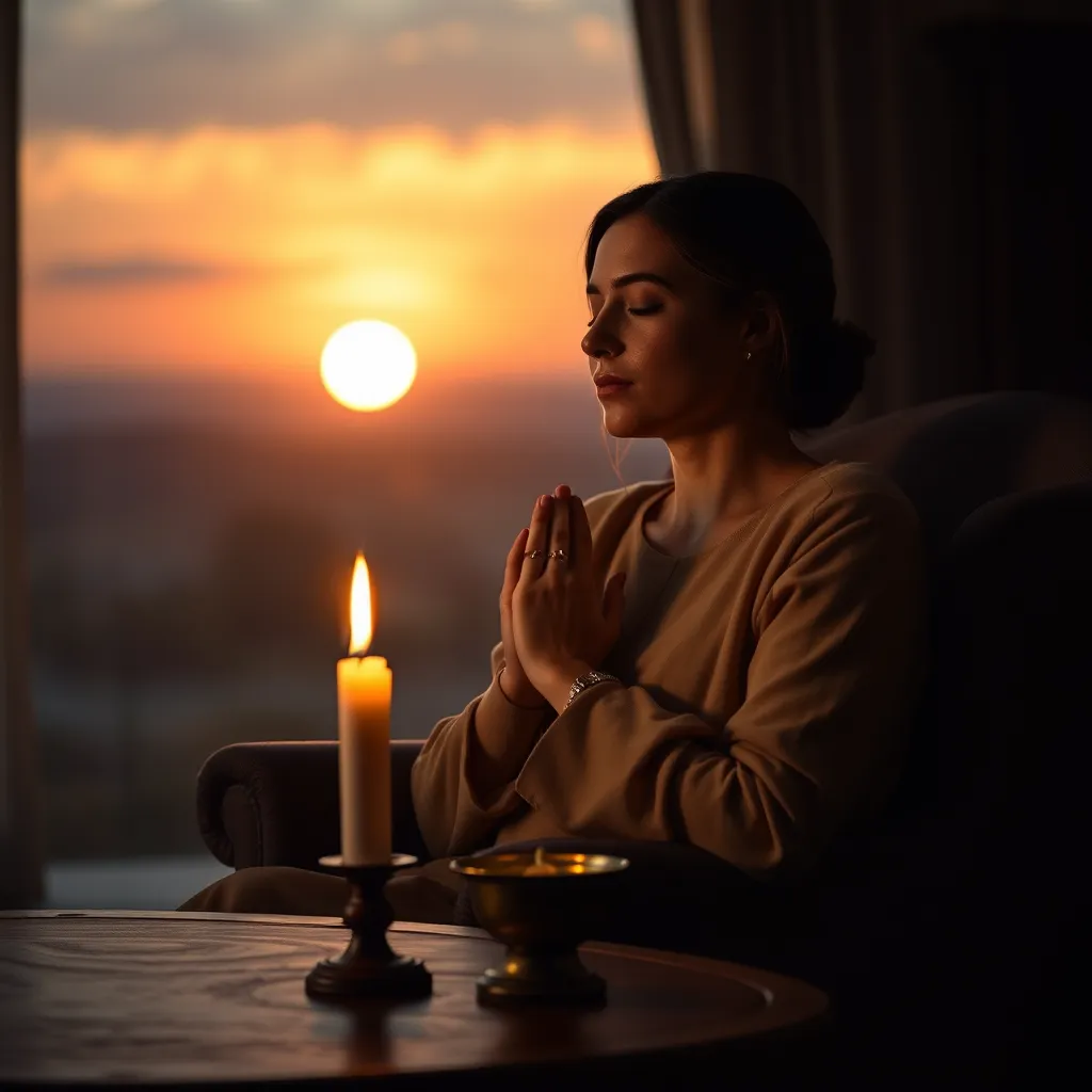 A dimly lit, intimate setting with a single candle flickering on a wooden table. A woman, with closed eyes and hands clasped in prayer, sits in a comfortable armchair, bathed in the soft, warm glow of candlelight. The background is a blurred, ethereal image of a sunset over a serene landscape. The image should convey a sense of peace, contemplation, and deep connection. The focus is on the woman's serene expression and the gentle light emanating from the candle. The image should be rendered in an artistic style reminiscent of Renaissance painting, with soft edges and warm, rich colors.
