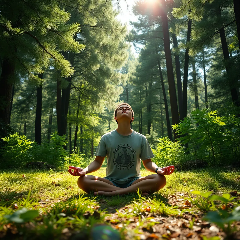 A person meditating outdoors in a lush green forest. They are sitting with their legs crossed, eyes closed, and hands resting in their lap. Sunlight filters through the leaves, creating a dappled pattern on the ground. Birds are singing in the trees, and the air is filled with the scent of pine needles. The person is surrounded by nature and seems to be at peace. 