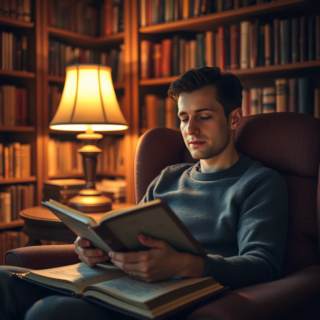 A person sitting in a comfortable armchair, reading a Bible. The room is dimly lit, with a soft, warm glow emanating from a nearby lamp. The person has a peaceful expression on their face, and the Bible is open to a page with beautiful calligraphy.  The background is a cozy library with bookshelves filled with books. 