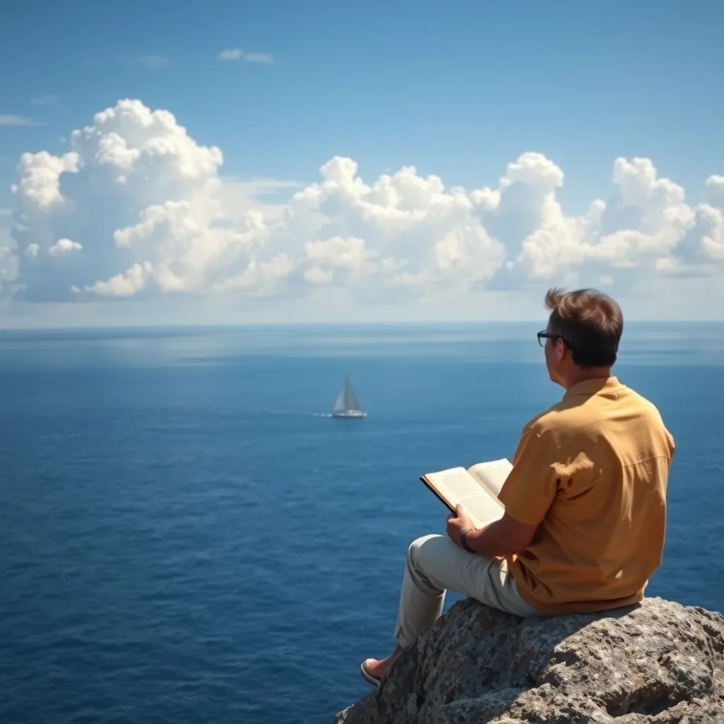 A person sitting on a rock overlooking a vast, serene ocean. The sky is filled with fluffy white clouds, and the water is a deep blue. The person is holding a book open on their lap, and their expression is one of peace and contemplation. In the distance, a small sailboat glides across the horizon, symbolizing the journey of faith and the assurance of God's presence.
