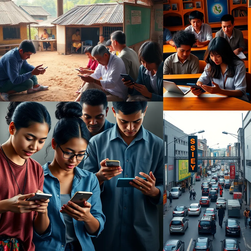 A photorealistic image of a diverse group of people using smartphones and tablets in different locations, including a rural community center, a school classroom, and a bustling city street. The image should convey a sense of community and inclusivity. 