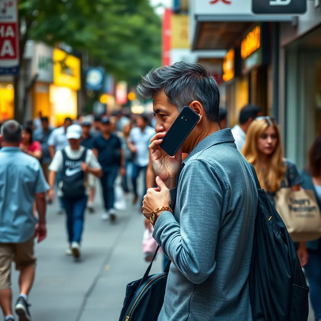 A photorealistic image of a person walking on a crowded sidewalk, holding their phone and talking on it. The person is blocking the sidewalk and not paying attention to their surroundings. The image should be taken from a slightly elevated angle, showing the person's face and the phone. The background should be a crowded street with people walking and shops.