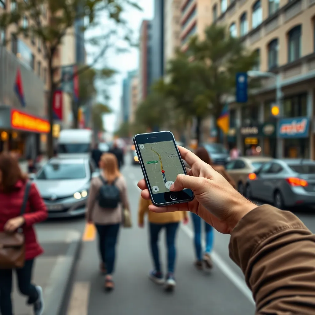 A photorealistic image of a person using a navigation app on their phone while walking. The person is looking at the phone and not at the road. The image should be taken from a slightly elevated angle, showing the person's hands holding the phone and their surroundings. The background should be a busy street with people walking, cars, and buildings.