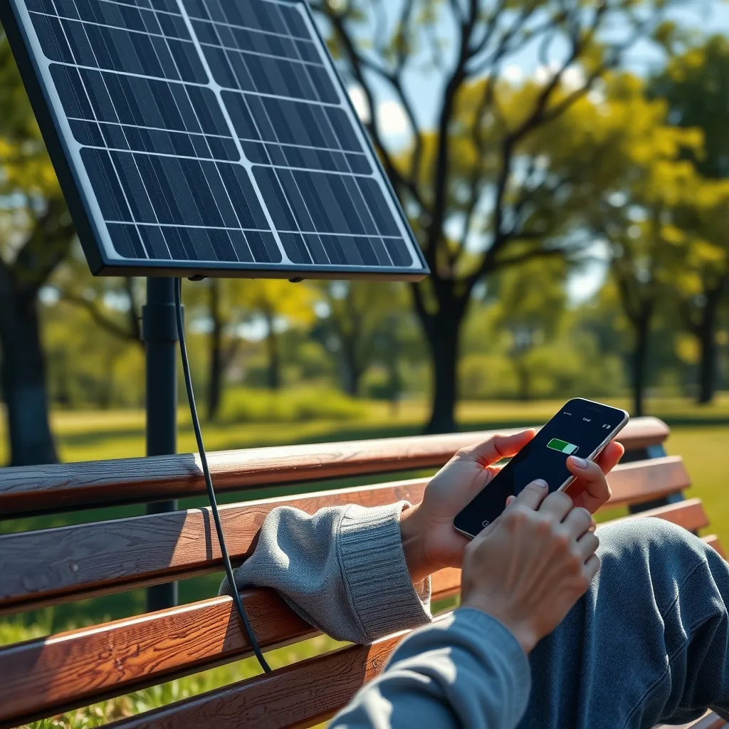 A photorealistic image of a person charging their smartphone using a solar panel, while sitting on a park bench. The phone should have a battery icon showing a full charge, and the background should show a sunny sky and green trees. 