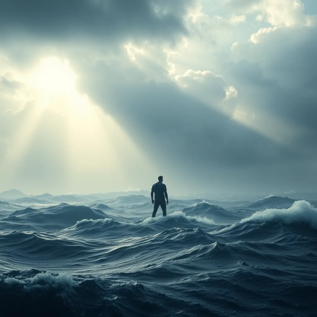 A powerful image of a person standing tall and serene amidst a stormy sea, with a ray of sunlight breaking through the clouds, symbolizing hope and resilience