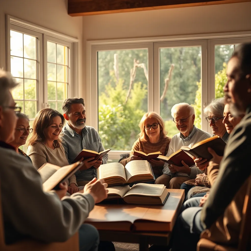 A serene, sun-drenched living room with large windows overlooking a lush garden. A group of people, diverse in age and ethnicity, are gathered around a coffee table, each holding a worn leather-bound copy of the Psalms. Soft, diffused sunlight illuminates the scene, casting warm, golden hues. The atmosphere is one of peace and tranquility, with each person radiating a sense of calm and serenity. The focus is on the faces and expressions of the group, capturing their moments of reflection and connection. The image should be rendered in ultra-high resolution with hyperrealistic detail, capturing the texture of the leather books, the softness of the fabrics, and the subtle details of the natural light.