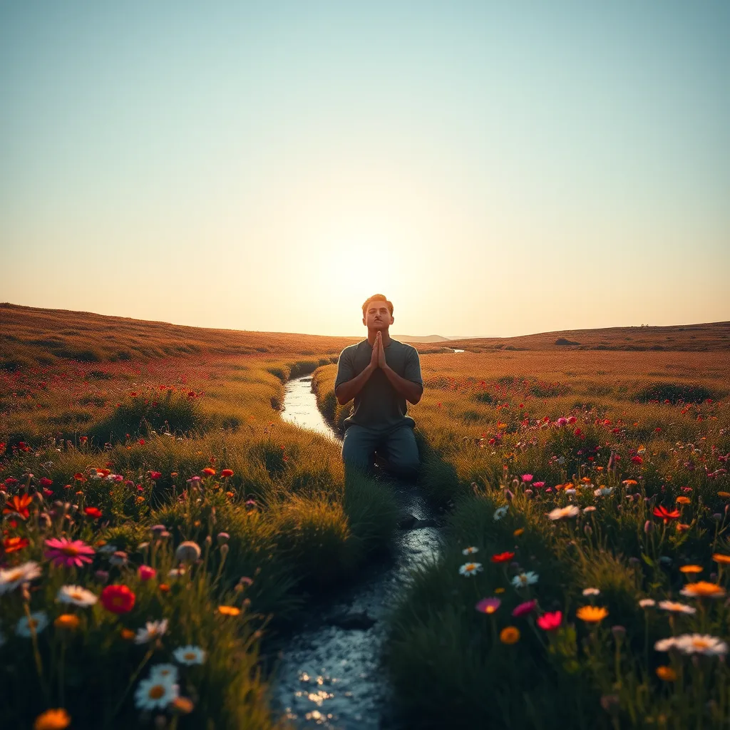 A serene landscape with a single figure kneeling in prayer amidst a field of wildflowers. The sky is a soft blue, and the sun is setting, casting a warm glow on the scene. The figure's posture is one of peace and surrender, with hands clasped in prayer and eyes closed. In the background, a small stream flows gently through the field, symbolizing the release and renewal that comes from acknowledging and expressing our emotions.