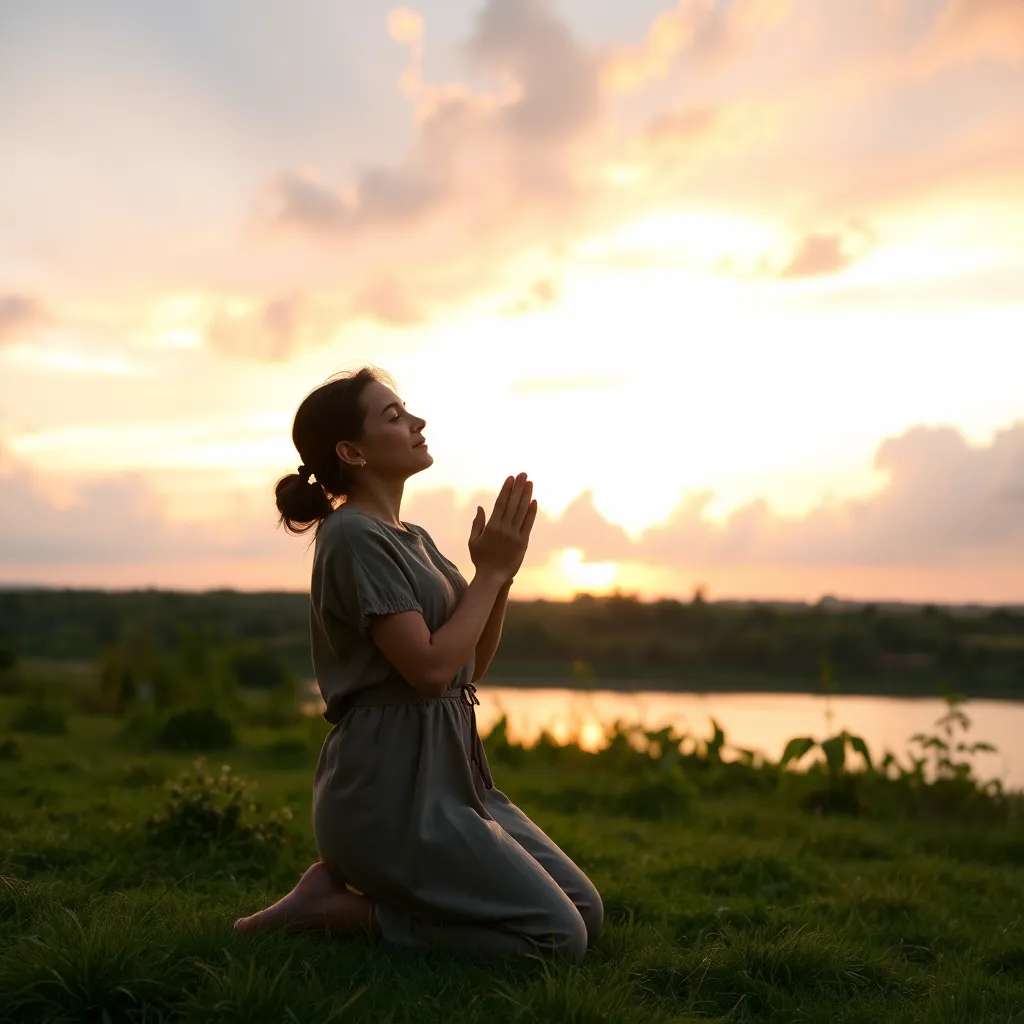 A serene landscape with a woman kneeling in prayer with her hands clasped together. The sun is setting, casting a warm glow over the scene. The sky is a mix of pink and orange, with fluffy white clouds. The woman is wearing simple clothing and has a peaceful expression on her face. In the background, there is a tranquil lake and lush greenery. 