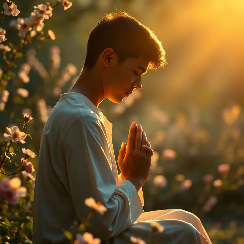 A serene scene of a person kneeling in prayer with hands clasped, bathed in soft, warm light, surrounded by blooming flowers and peaceful nature