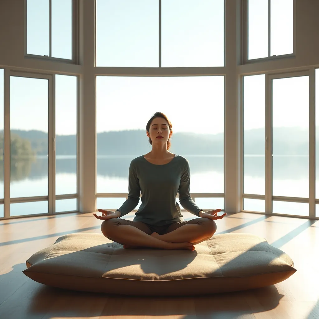 A spacious, minimalist meditation room with floor-to-ceiling windows overlooking a tranquil lake. A young woman, dressed in comfortable clothing, sits cross-legged on a meditation cushion, her eyes closed and radiating a sense of peace. Soft, natural light filters through the windows, casting long shadows across the room. The image should be rendered in a calming and minimalist style, emphasizing the simple beauty of the space and the woman's peaceful expression. The focus is on the subtle details of the environment, including the natural light, the reflection of the lake, and the soft textures of the meditation cushion. The image should be rendered in ultra-high resolution with realistic details, capturing the serenity of the space and the woman's inner peace.