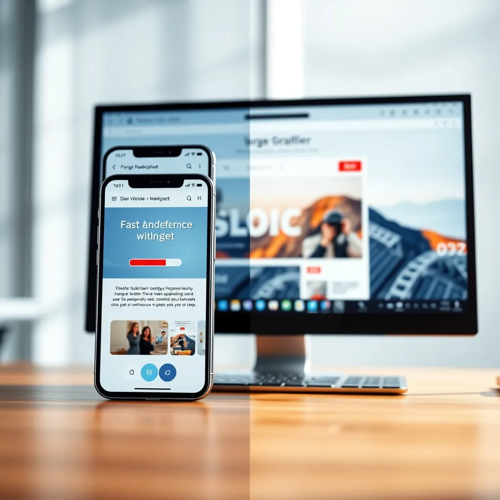 A split-screen image showcasing a website on a mobile device and a desktop computer. The mobile version is fast and responsive, loading quickly and displaying content clearly. The desktop version shows a slower loading time and a less optimized layout. The image should highlight the difference in speed and user experience between the two versions. Render in 8K resolution with a sleek and modern aesthetic, focusing on the visual contrast between the two sides of the image.