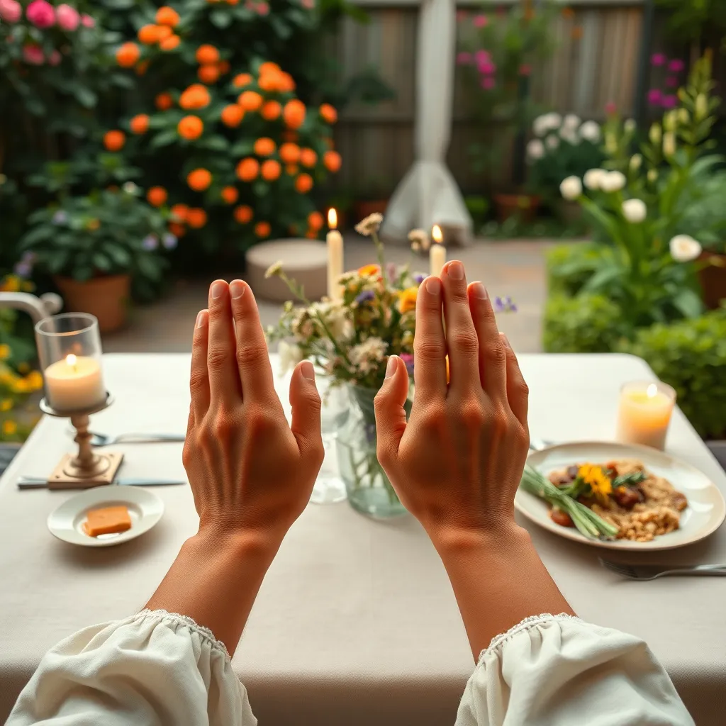A table set for two with a simple but elegant meal. The setting is a garden patio with lush greenery and blooming flowers. The table is adorned with candles and a bouquet of wildflowers. Two hands are clasped in prayer, radiating a sense of gratitude and peace. The image evokes a sense of thankfulness and contentment, highlighting the blessings in everyday life.
