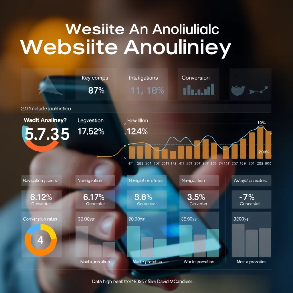 A visualization of website analytics data presented in a visually appealing and informative way. The data shows the user journey on a mobile device, highlighting key interactions, navigation patterns, and conversion rates. The image should be clean and modern, using a vibrant color palette and dynamic data visualizations. The background features a blurred image of a person holding a smartphone and using a website. Render in 8K resolution with a focus on data-driven design and a clean, minimalist style inspired by infographic designers like David McCandless.