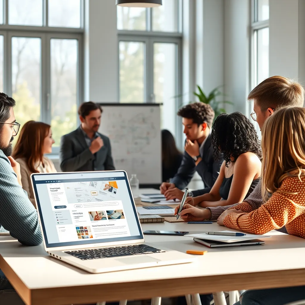 A brainstorming session with people around a table, jotting down ideas on a whiteboard, with a laptop open to a website template in the background. The room is brightly lit with natural light streaming in through large windows.