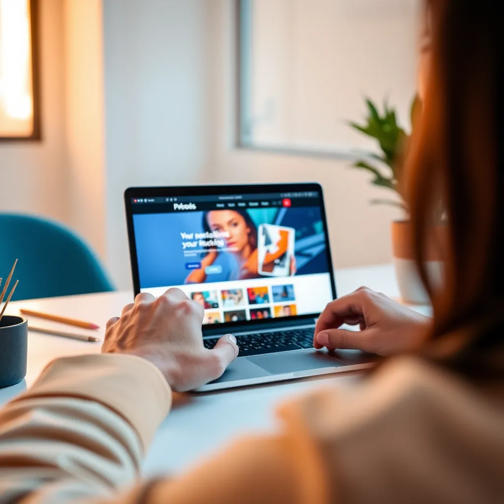 A close-up shot of a designer's hands working on a website mockup on a sleek laptop. The laptop screen displays a vibrant, modern website design with eye-catching visuals and intuitive navigation. The workspace is clean and minimalist, bathed in soft, natural light. The colors are a blend of cool blues and warm oranges, creating a harmonious and professional atmosphere. The designer is wearing a stylish, casual outfit, and their focus is intently on the screen. The image should be ultra-realistic, with sharp details and a depth of field that draws attention to the laptop screen. The lighting should emphasize the screen's glow and the subtle textures of the laptop and surrounding objects. The overall mood is one of creativity, innovation, and professional expertise.