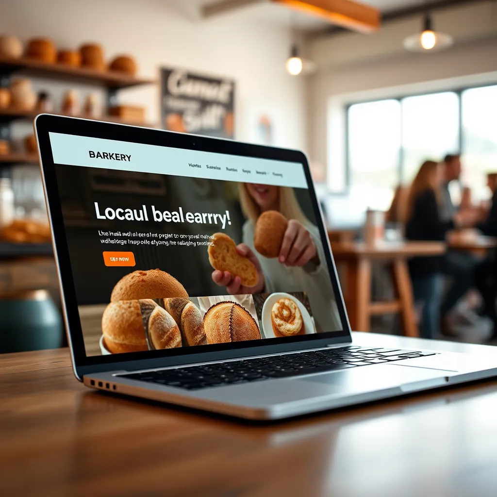 A close-up shot of a laptop screen displaying a modern, responsive website design for a local bakery. The website is visually appealing, with high-quality images of bread and pastries, easy navigation, and a clear call to action. The background is blurred, showcasing a bustling bakery with people enjoying fresh baked goods.