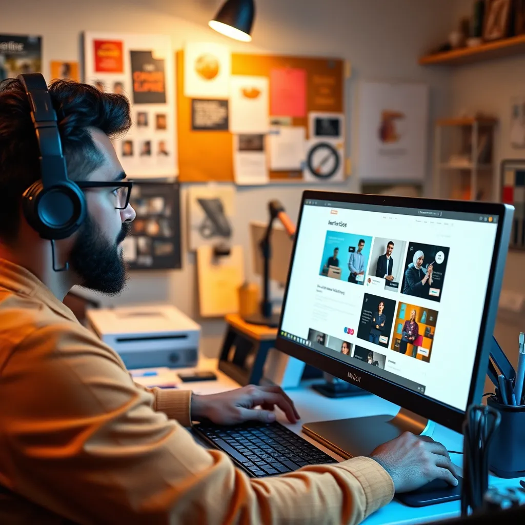 A designer working on a computer, with a mockup of a website interface open on the screen. The image should showcase the website's design elements, colors, and fonts. The background is a creative workspace with design tools and inspiration boards.