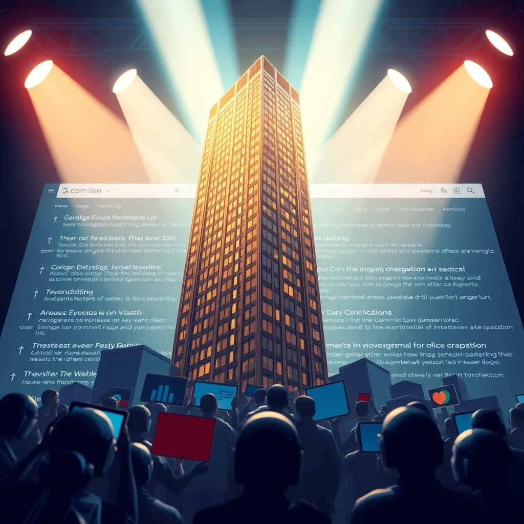 A digital illustration representing a website rising above the competition in a search engine results page. The website is depicted as a sleek, modern building, towering over other websites. The background features a stylized representation of a search engine results page, with keywords and search terms highlighted. The image should convey a sense of dominance, power, and success. The lighting is dramatic and dynamic, with spotlights highlighting the website and creating a sense of depth. The colors are bold and eye-catching, emphasizing the website's strong presence and the effectiveness of the SEO strategy.