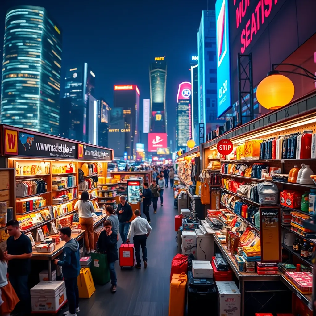 A panoramic view of a bustling online marketplace, showcasing a wide variety of products. The website is clean and user-friendly, with high-quality product images, detailed descriptions, and easy-to-use navigation. The background features a blurred cityscape at night, with twinkling lights representing the global reach of the online store. The image should convey a sense of excitement, energy, and trust. The lighting is warm and inviting, highlighting the product displays and creating a visually appealing experience. The colors are bright and vibrant, reflecting the diversity of products and the dynamic nature of the online shopping experience.