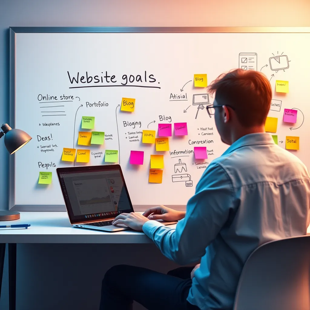 A person sitting at a desk with a laptop, brainstorming ideas on a whiteboard. The whiteboard is filled with colorful sticky notes and sketches, representing different website goals like 'online store', 'portfolio', 'blog', and 'information portal'.
